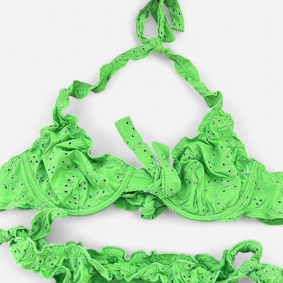 Bright green y2k scrunch frilly romantic eyelet bow European summer bikini M - Picture 2 of 7